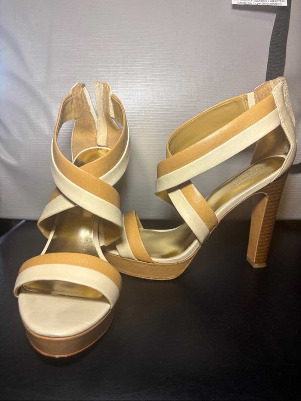 Coach Tan and Cream Strappy High Heel Sandals